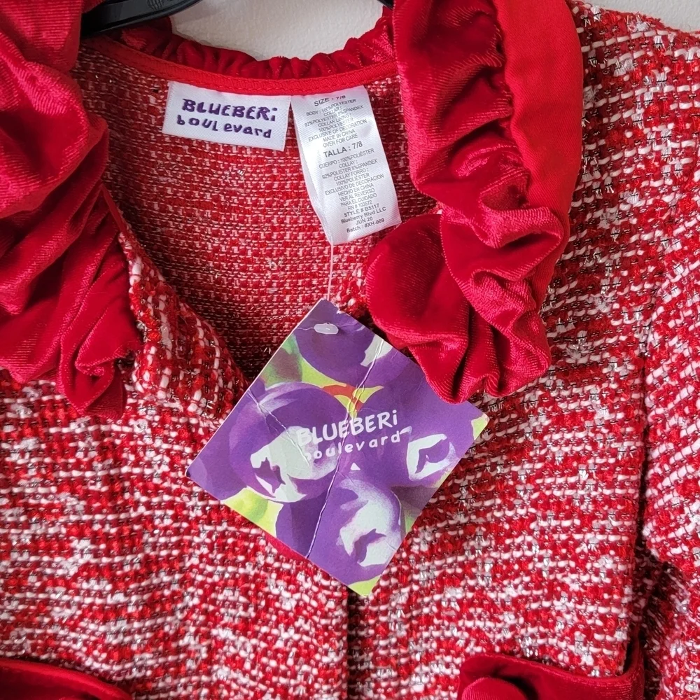 New Blueberi Boulevard girls' red tweed coat, Size 7/8